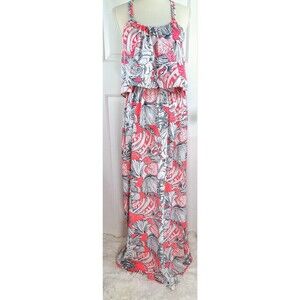 Julie Brown NYC Women Coral White Seashell Print‎ Popover Cutout Maxi Dress M